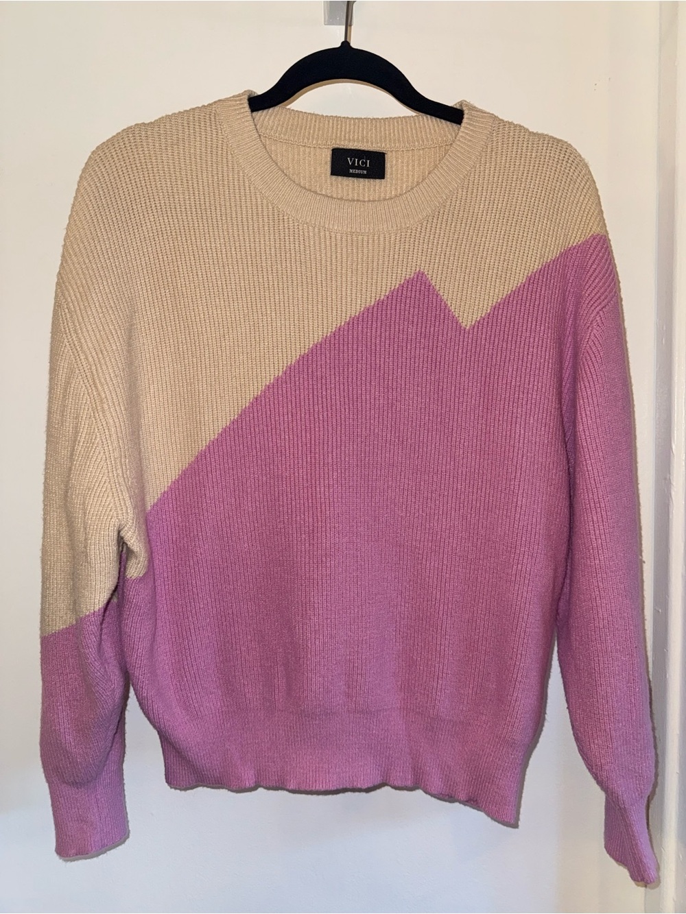VICI Colorblock Crewneck Sweater in Beige and Pink - Picture 1 of 4